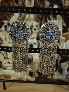 Silver-Tone Filigree Disc Tassel Earrings with Turquoise Accent